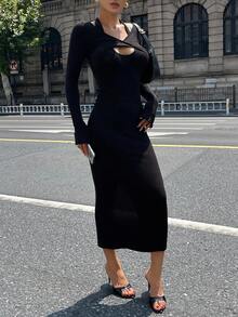 DAZY Women's Autumn Halter Neck Fitted Hollow Out Long Dress Maxi Dress - Black - View 6