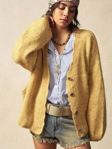 Bohemela Áo khoác cardigan nữ phong cách Boho mùa xuân/đông dáng rộng, màu vàng trơn, đa năng, tối giản, tay dài, chất liệu lông mềm mại, kiểu vintage, thích hợp cho các buổi hòa nhạc, kỳ nghỉ, đi nghỉ mát, đi học, đi chơi, Giáng sinh, Năm mới, Lễ tình nhân, thập niên 2000, kỳ nghỉ hè, đi biển, mùa đông/xuân. - Màu be - Xem 2