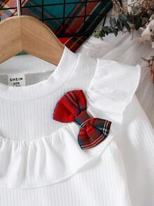 SHEIN Christmas Baby Girl Outfit 2pcs Baby Girl Spring/Autumn Knitted White Long Sleeve Top + Red Plaid Skirt Set Fall Winter - Multicolor - View 5