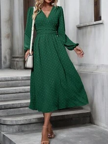 EMERY ROSE Swiss Dot Surplice Neck Lantern Sleeve Ruched Waist Dress Maxi Women Outfit - Green - View 4