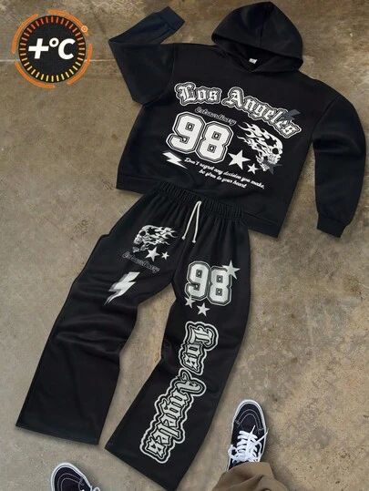 2 件套青少年男童休闲运动学院街头涂鸦图案连帽毛衣和喇叭裤黑色套装适合儿童服装幼儿男孩服装返校男孩套装适合生日派对、联欢会、表演、婚礼、洗礼、开幕式日常适合日常使用适合上学适合旅行适合运动适合秋冬季