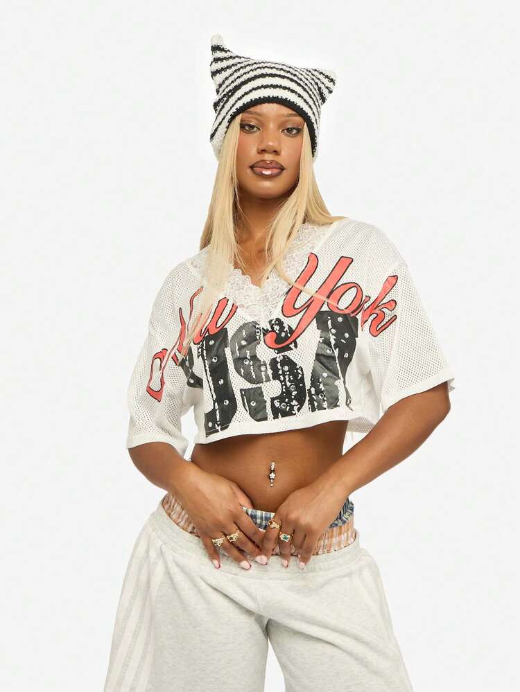 SUMWON WOMEN Cropped Mesh Graphic Tee With Lace Trim