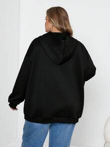 SHEIN CURVE+ 大码女式黑色长袖连帽休闲宽松运动衫，适合秋冬季 - 黑色 - 查看 2