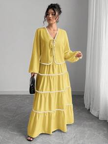 SHEIN Tall Plus Size Women 2 Pieces Set: Textured Long Sleeve Tie-Front Cardigan With Colorblock Ruffled Long Flared Midi Skirt, Elegant French Romantic Style Fall Cloth For Women - Yellow - View 4