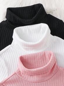 SHEIN 3pcs/Set Young Girls Ribbed Knit Long Sleeve Tops,Pink,White,Black Solid Color Stand Collar Shirts For Winter,School,Back-To-School Casual Wear - Multicolor - View 4