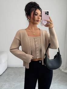 Elenzga 2pcs/Set Knitted Vest + Loose Solid Color Cardigan Sweater For Women - Khaki - View 2