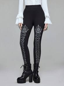 ROMWE Quần legging bó in họa tiết phong cách Gothic tối màu, thích hợp cho lễ Halloween - màu đen - Xem 4