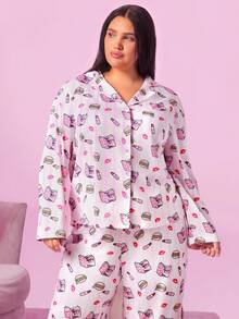 Mean Girls | SHEIN Plus Size Spring Fall Allover Print Lapel Collar Shirt & Pants Pajama Set, Fall Clothes, Cozy Outfit - Pink - View 5