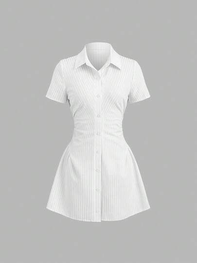 Sweetra Sweet & Fresh Pink Short Sleeve Shirt Dress, Waist Cinched Slimming Stylish Blouse Dress For Summer