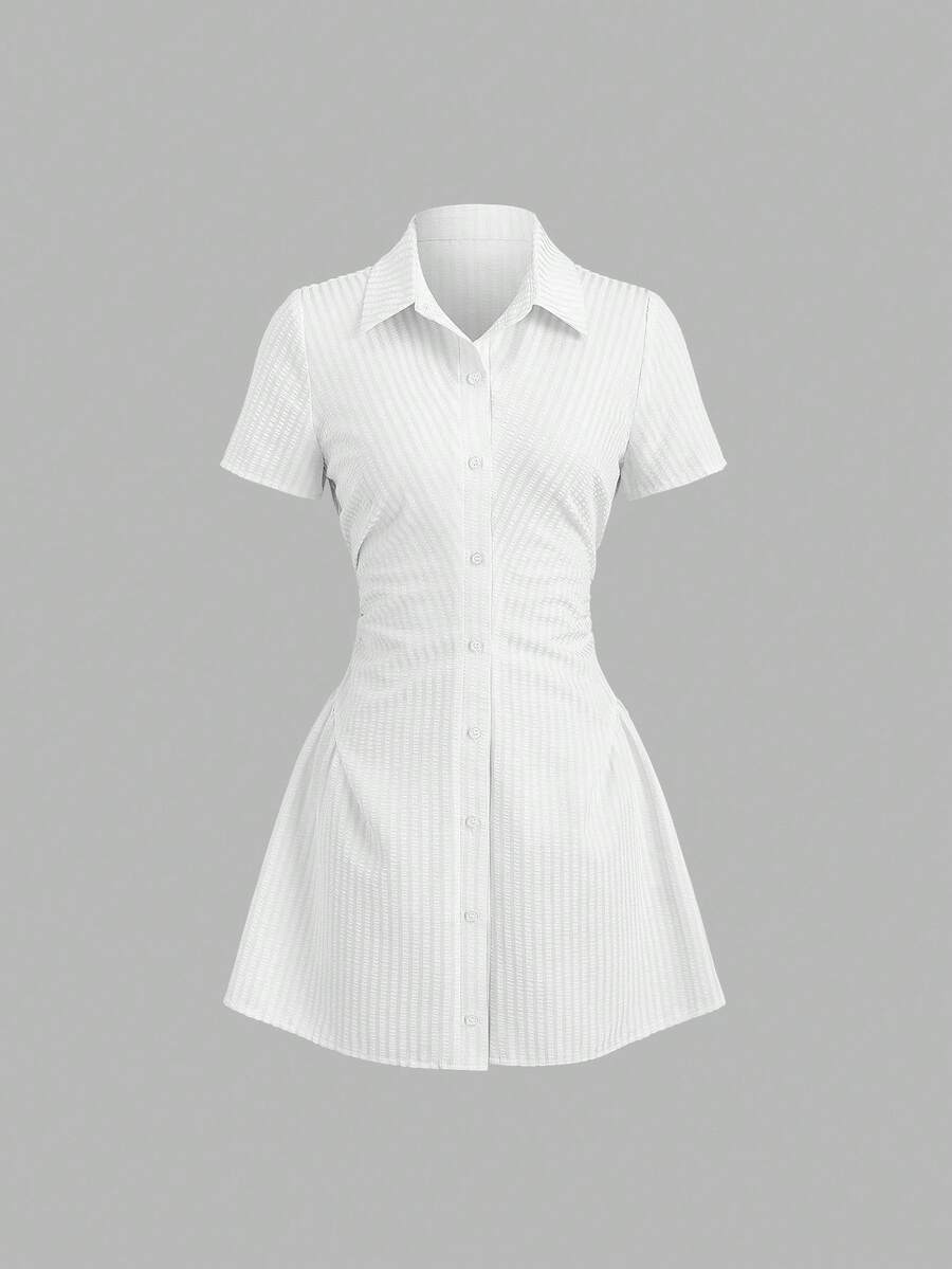 Sweetra Váy sơ mi tay ngắn màu hồng ngọt ngào và tươi mát, váy áo bó eo tôn dáng thời trang cho mùa hè - trắng - Xem 1