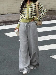 Muchica 灰色针织阔腿休闲宽松抽绳运动裤，女款，宽松裤型，秋冬季，街头风，筒状裤腿，机场休闲女装 - 淺灰色 - 查看 5