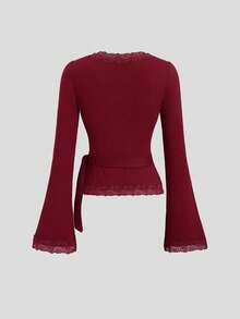 Sweetra Camiseta de manga larga ajustada con diseño de encaje cruzado para mujer - Burdeos - Ver 2