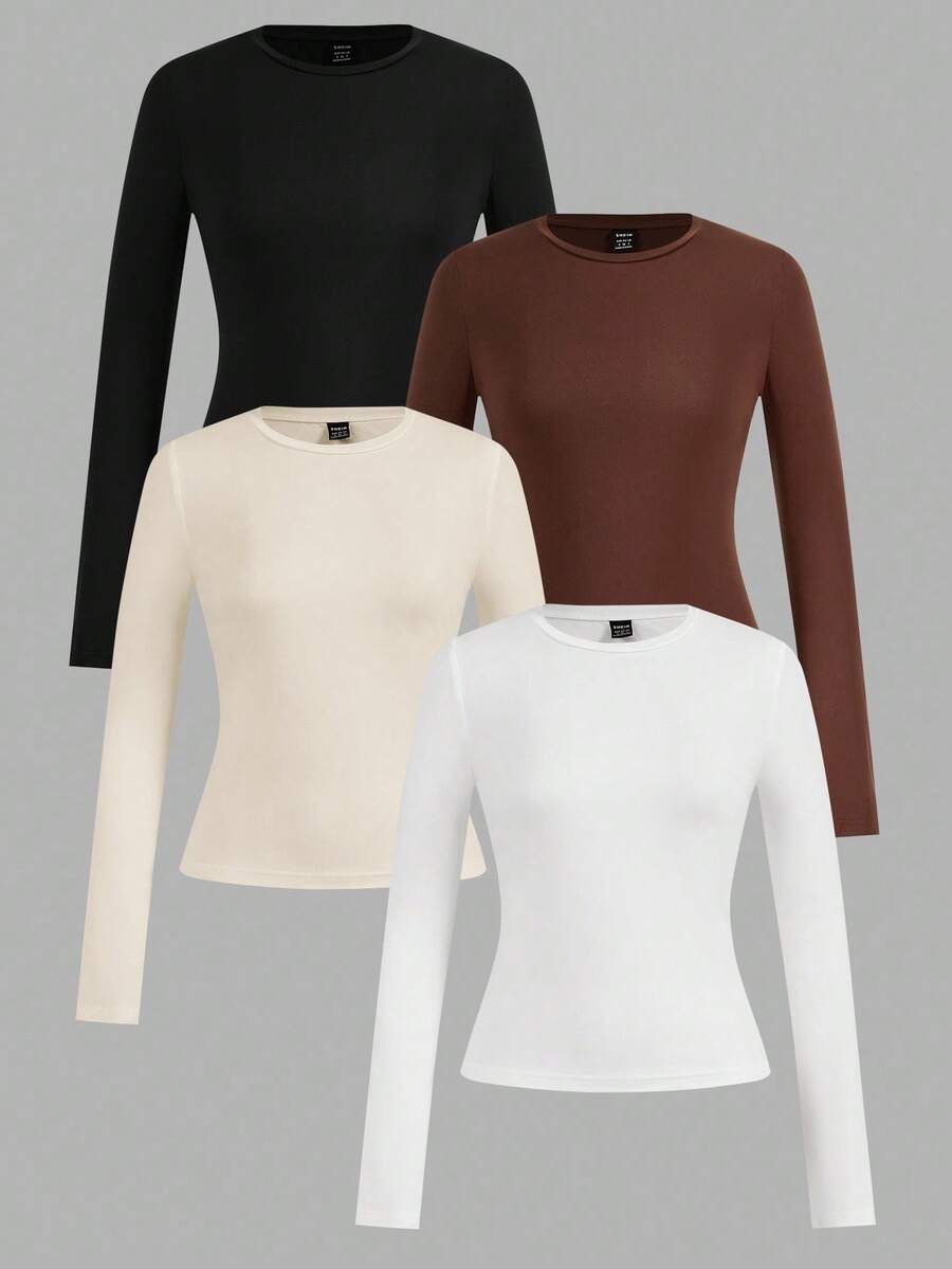 SHEIN EZwear 4 件套女士休闲圆领长袖紧身 T 恤套装 - 彩色 - 查看 1