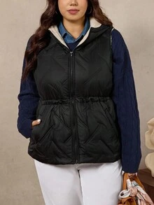 Zelara Plus Size Women's Drawstring Waist Fuzzy Casual Zip Up Hooded Loose Coat, Fall/Winter, Warm Holiday - Black - View 5