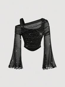 SHEIN MOD 时尚性感亮片装饰不对称领口长袖透视T恤，网纱二合一喇叭袖长袖女式上衣，西部风，复古风，70年代风格，单身派对，秋季女装，圣诞节，黑色上衣，亮片上衣，派对装，黑色上衣，闪光上衣 - 黑色 - 查看 2