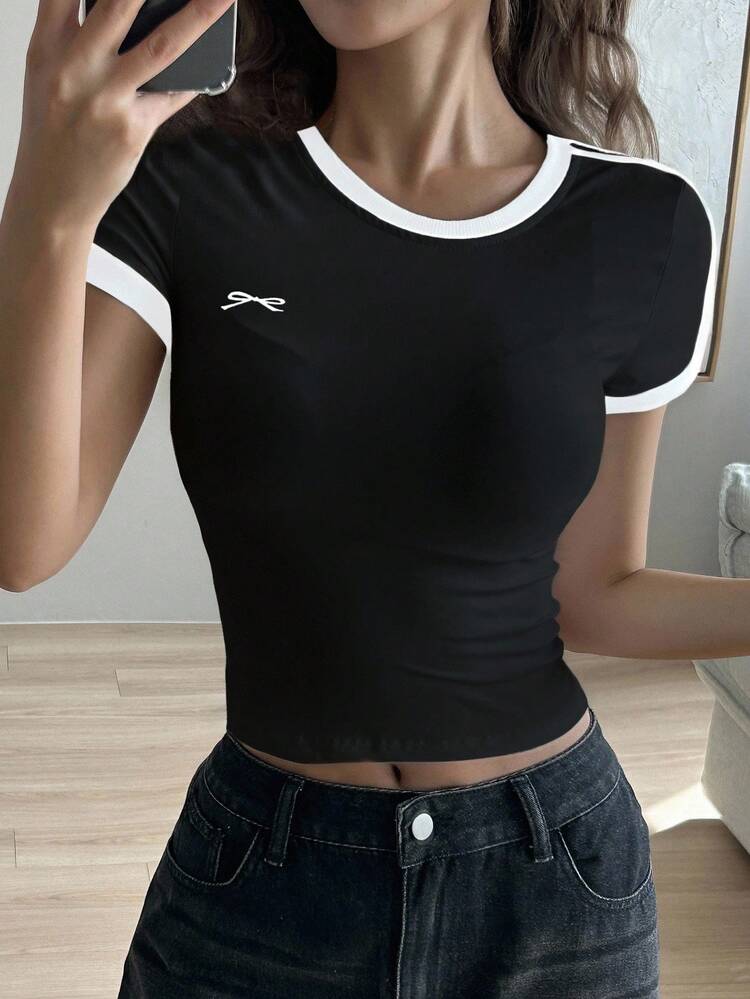Women Contrast Color Block Round Neck Short Sleeve Bow Print Slim Fit T-Shirt