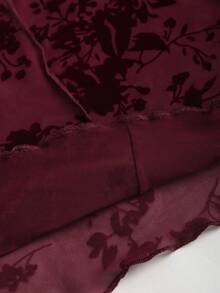 Sweetra Halloween Women's New Elegant & Fashionable Sexy Burgundy Mesh Leaf Flower Flocked Design Trumpet Sleeve Blouse, Spring/Autumn Fall Cloth For Women - Burgundy - View 3