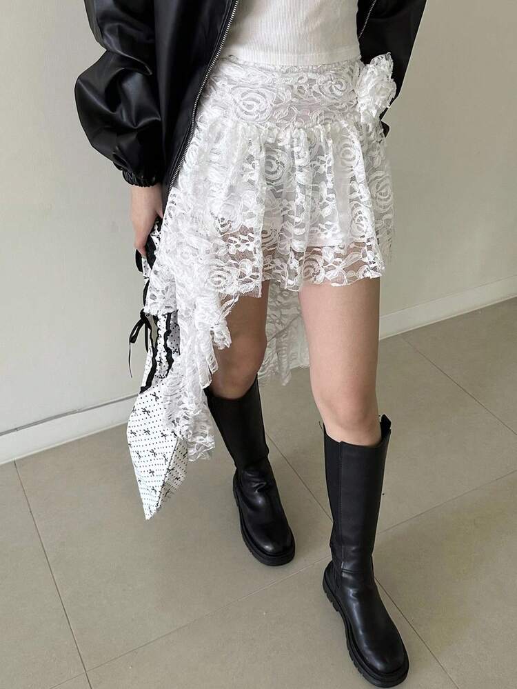 Asymmetric Hem Rose Flower Lace Trim Solid Color Niche Design Women Skirt Low Rise
