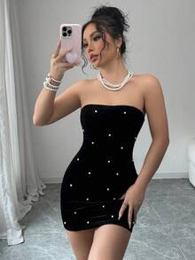 Selianne Halloween Costume Black Strapless Pearl Waist Velvet Elegant Romantic Women Dress - Black - View 8