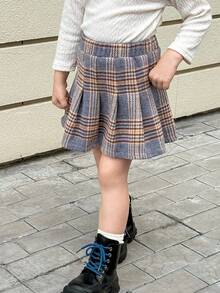 Playful Pals 女孩休闲可爱格子褶皱 A 字裙，适合秋冬季、学校、返校季、日常穿着 - 藍色 - 查看 10