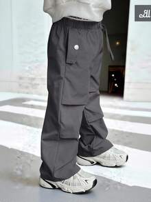 SHEIN 儿童/男孩休闲松紧腰字母印花宽松编织裤，适合学校、花园、海滩、生日、春季、夏季、秋季、冬季 - 深灰色 - 查看 6