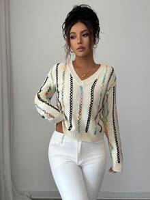 Elenzga V-Neck Colorful Rope Knitted Sweater For Women