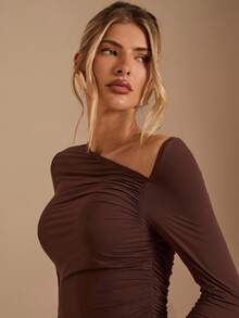 SHEIN BAE Váy len màu nâu trơn thu/đông có vai chéo, eo nhún và dây buộc bên hông, thanh lịch và nữ tính, thích hợp cho các bữa tiệc, buổi hẹn hò lãng mạn, sự kiện cocktail, váy phù dâu, buổi tối đi chơi, mặc nhiều lớp trong mùa thu/đông - màu nâu - Xem 7