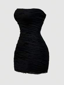 Sweetra Plus Size Bat Flocked Bandeau Christmas Dress - Black - View 1