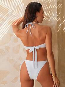 SHEIN Swim Chicsea Conjunto de bikini de unicolor para mujer de verano, bikini blanco de dos piezas con sujetador push-up - Blanco - Ver 2