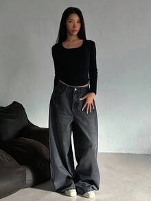 Strévra Women's Distressed Washed Wide Leg Jeans