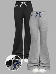 SHEIN Girlism 少女两件套街头时尚，百搭，日常，多功能，休闲运动，标语，图案，丝带，蝴蝶结装饰，合身喇叭裤，黑色/灰色，适合各种运动，返校，校园风格，春夏