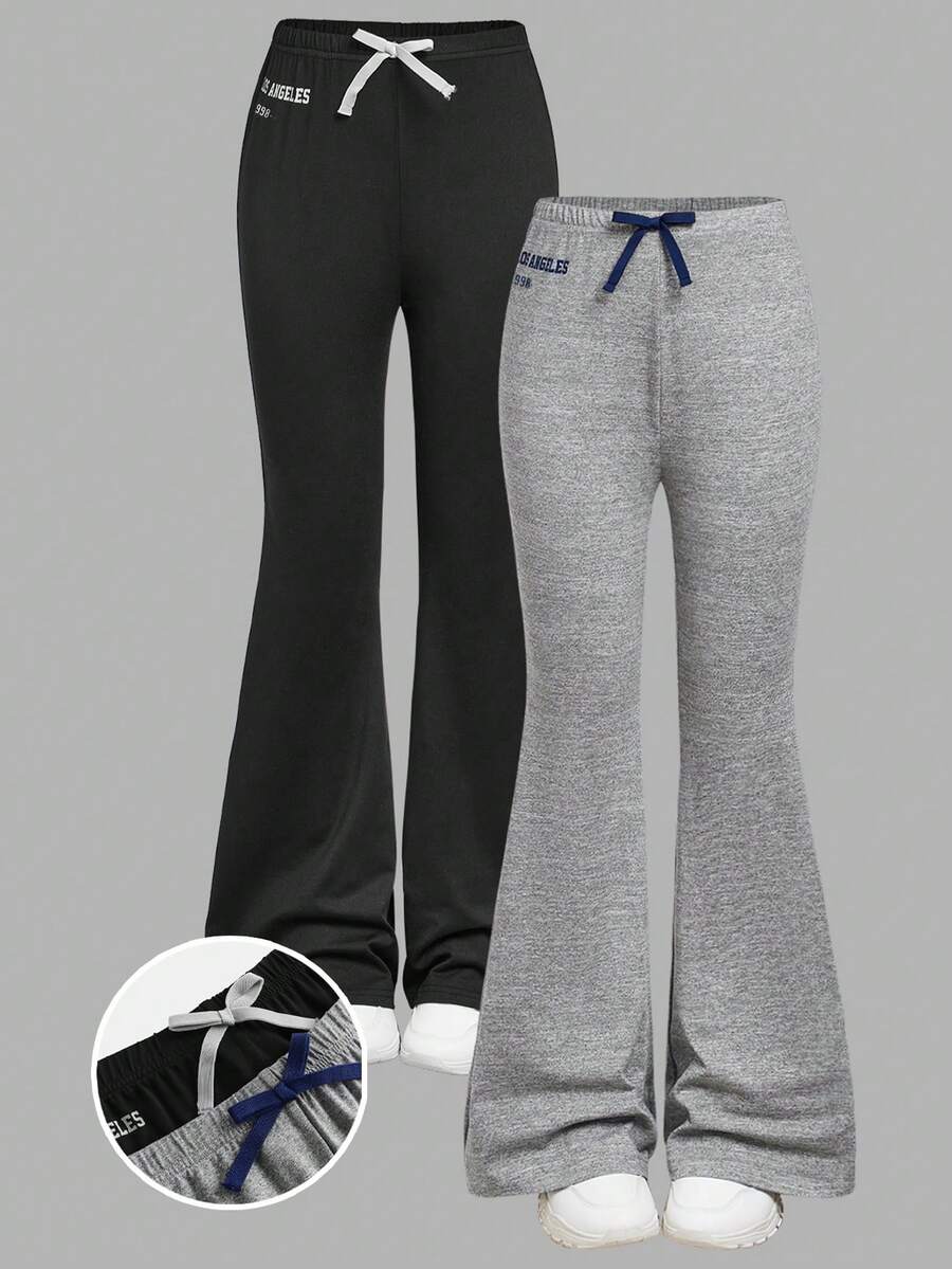 SHEIN Girlism 少女两件套街头时尚，百搭，日常，多功能，休闲运动，标语，图案，丝带，蝴蝶结装饰，合身喇叭裤，黑色/灰色，适合各种运动，返校，校园风格，春夏