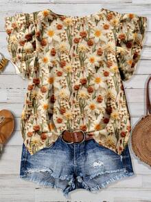 EMERY ROSE 浪漫优雅仿 3D 花卉印花加大码女式圆领荷叶边下摆短袖衬衫，春夏女式花卉上衣，女式夏季衬衫，波西米亚风女式上衣 - 彩色 - 查看 2