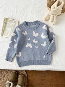SHEIN 少女厚羊毛混纺针织毛衣，圆领长袖，蝴蝶提花图案，温暖柔软，适合万圣节、圣诞节、秋冬季 - 藍色 - 查看 1