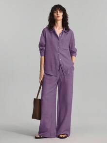 Ontre 2025年秋季女士两件套服装，包含长裤和长袖衬衫，适合海滩度假、音乐节、派对、商务休闲、办公室、优雅上衣、休闲衬衫、圣诞节、新年等场合。 - 紫色 - 查看 7