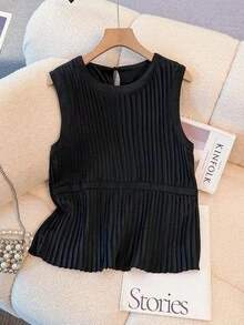 Franclia 无袖褶皱圆领休闲衬衫 - 黑色 - 查看 1