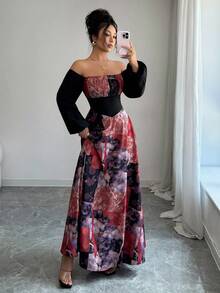 Selianne Women's Elegant Off Shoulder Long Dress,Black Floral Autumn Sophisticated Long Sleeve Dress For Birthday Party,Formal Occasions,Date,Graceful Gown - Multicolor - View 3