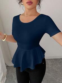 Elenzga Áo thun thắt nơ lưng nhún bèo, thường ngày, mặc ở nhà và ngoài trời - Màu xanh hải quân - Xem 3