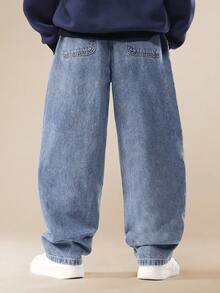 SUMWON 棉质宽松青年牛仔慢跑裤经典街头风弹力踝靴男童休闲裤，腰部抽绳，阔腿设计，适合秋冬 - 藍色 - 查看 4