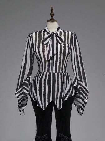 Gothic Black & White Striped Flare Sleeve Fitted Plus Size Chiffon Blouse