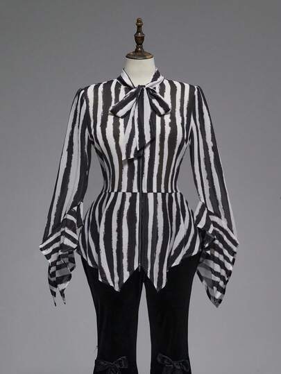 Goth Gothic Black & White Striped Flare Sleeve Fitted Plus Size Chiffon Blouse
