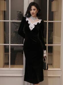 DAZY 女士优雅蕾丝拼接中长款派对礼服，秋季舞会嘉年华礼服 - 黑色 - 查看 8