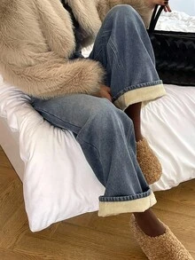 DAZY Women's Thick Thermal Lined Straight Leg Wide Leg Jeans, Slimming, Winter Thermal Lined - Blue - View 1