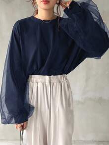 FRIFUL Women's Casual Thickened 2 In 1 Mesh Contrast Sweatshirt, Fall/Winter - Navy Blue - View 5