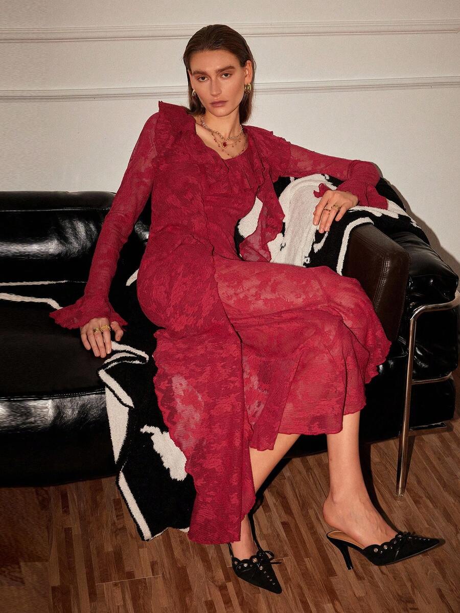 Chiquease Women's Dark Red Long Sleeve Ruffle Hem Lace Midi Dress,Autumn Elegant Dinner Date Cocktail Party Birthday Special Occasions Goth Fairycore Fashion - Red - View 1