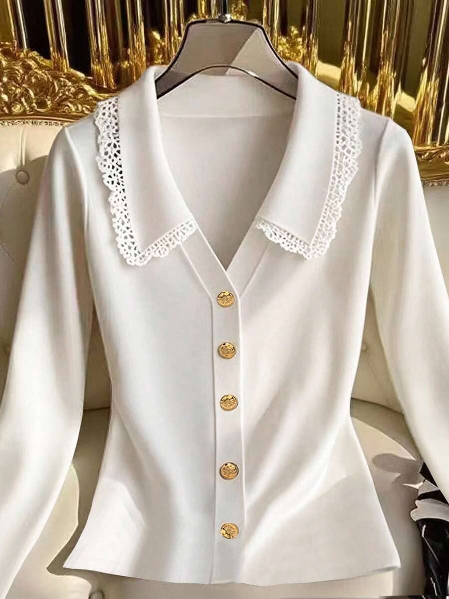 Franclia 女式纯色撞色蕾丝翻领长袖单排扣时尚T恤 - 白色 - 查看 1