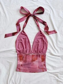 Soleia 女士随机印花优雅系带夏季性感上衣，露背吊带衫，适合海滩、毕业早午餐、圣帕特里克节、春假、复活节、音乐节等场合，尽显优雅波西米亚热带风情 - 粉色 - 查看 2