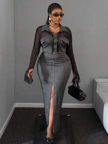 Maweii Conjunto de falda de cintura alta con diseño de rayas y blusa de manga larga con cuello para mujer de talla grande - Blanco y Negro - Ver 1