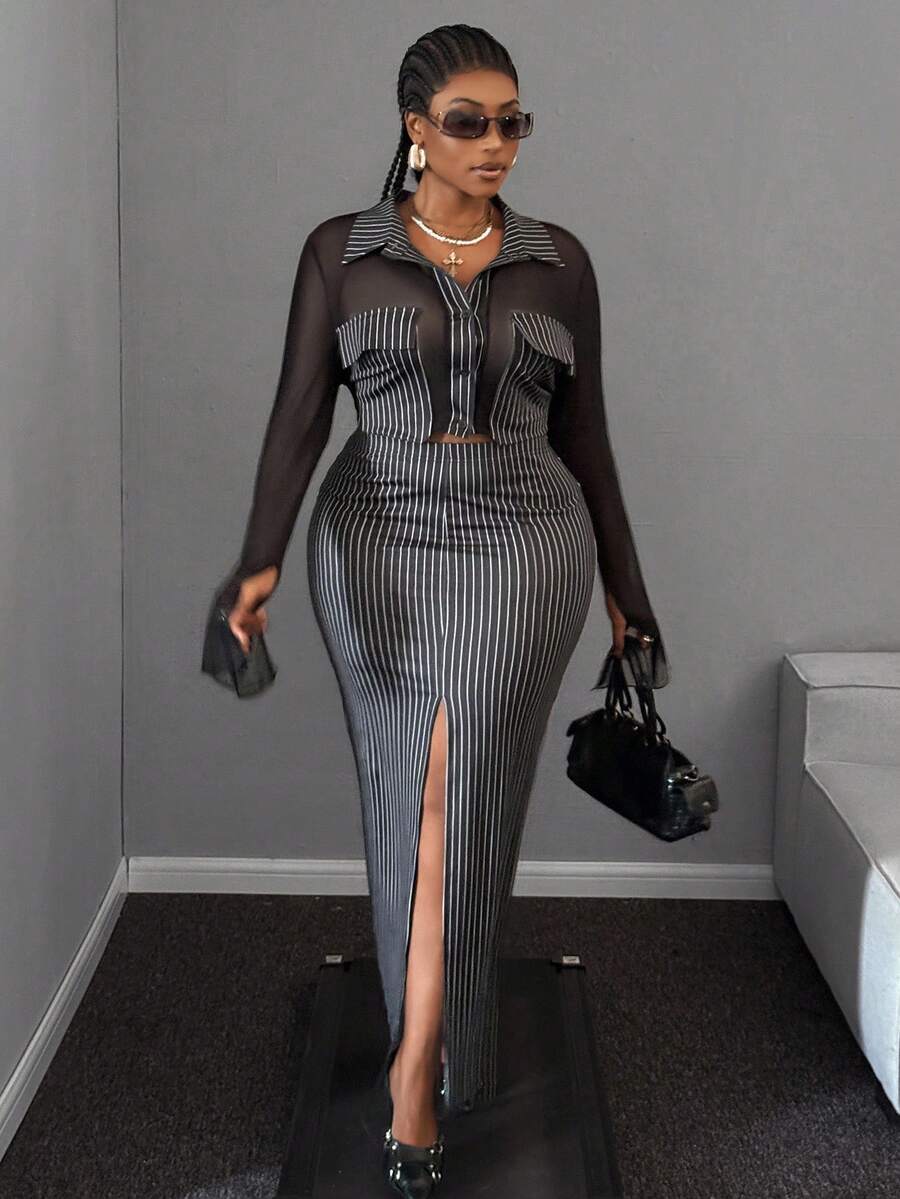 Maweii Conjunto de falda de cintura alta con diseño de rayas y blusa de manga larga con cuello para mujer de talla grande - Blanco y Negro - Ver 1