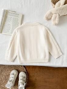 SHEIN Vintaside Kids 女童秋冬毛衣，新款时尚针织套头衫，女童休闲加厚刺绣针织上衣，居家、户外、旅行皆宜 - 米色 - 查看 2